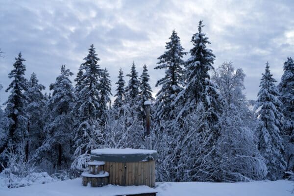 Puinen palju lumisessa talvimetsässä mökin pihalla